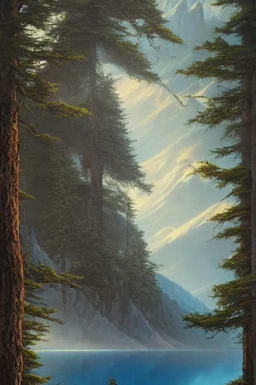 Prompt: painting of a mountains landscape with a blue lake and a dense pines forest, a detailed matte painting by christophe vacher, matte painting, ultra detailed, matte drawing