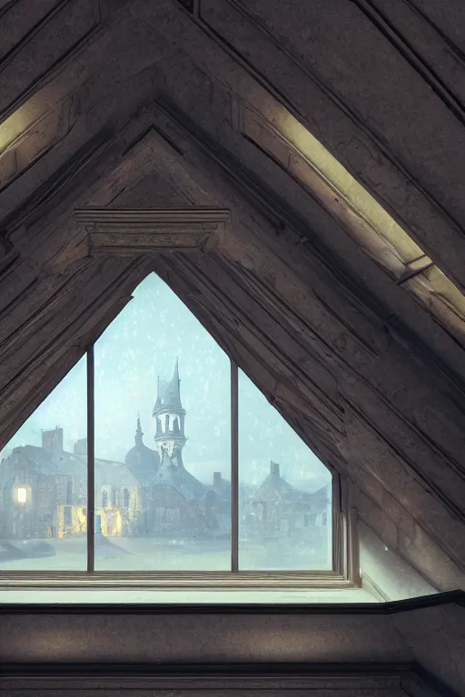 Prompt: a realistic detail of triangular attic with three domed windows, the middle one larger than the two sides, france in the 1 8 th century, shining star, raining, goth, wide - angle lens, by syd mead, francois boucher, unreal engine 5