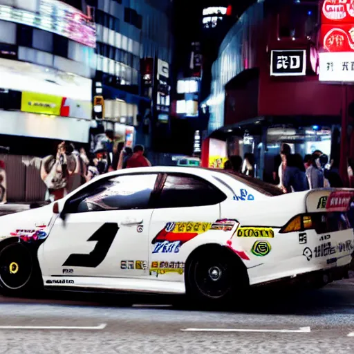 Image similar to A Jdm car drifting in shibuya streets, Hd, PhotoReal, Japanese, Moving