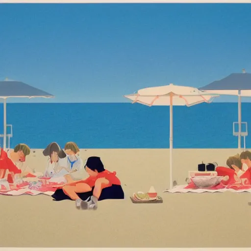 Prompt: a picnic on the beach by hiroshi nagai