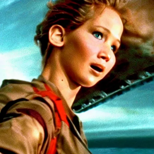 Image similar to movie still from independence day (1996), rendering of jennifer lawrence flying an alien ship,