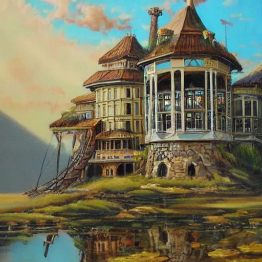 Image similar to a beautiful painting of a building in a serene landscape, steampunk