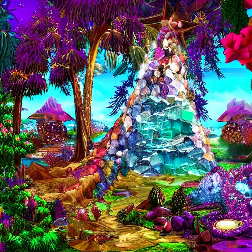 Image similar to A fantasy island filled with crystals, digital art