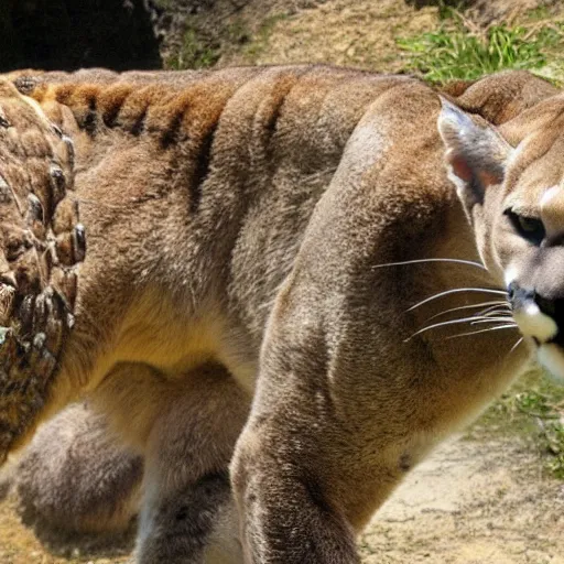 Prompt: mountain lion and crocodile hybrid animal, half crocodile half mountain lion, realistic picture taken in zoo