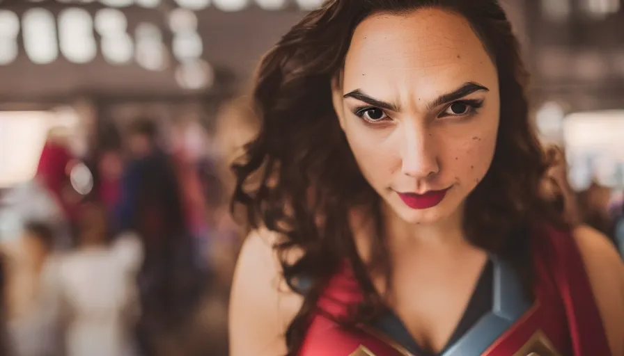 Prompt: high quality photo of a cosplaying Gal Gadot as Superwoman , photography 4k, daylight, godrays, f1.8 anamorphic, bokeh, 4k,