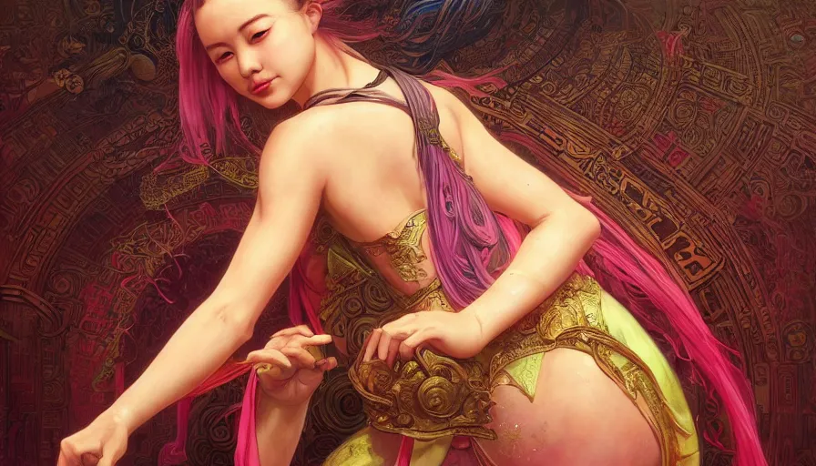 Image similar to mythology, neon, Female Ancient China Dance, queen, academic Reference Pictures artstation, fibonacci, sweat drops, insane, pinup, intricate, highly detailed, digital painting, artstation, concept art, smooth, sharp focus, illustration, Unreal Engine 5, 8K, art by artgerm and greg rutkowski and alphonse mucha