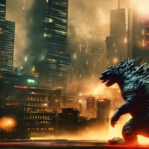 Prompt: godzilla rampaging through a cyberpunk city, unreal engine, realistic textures, octane render, cinematic lighting,