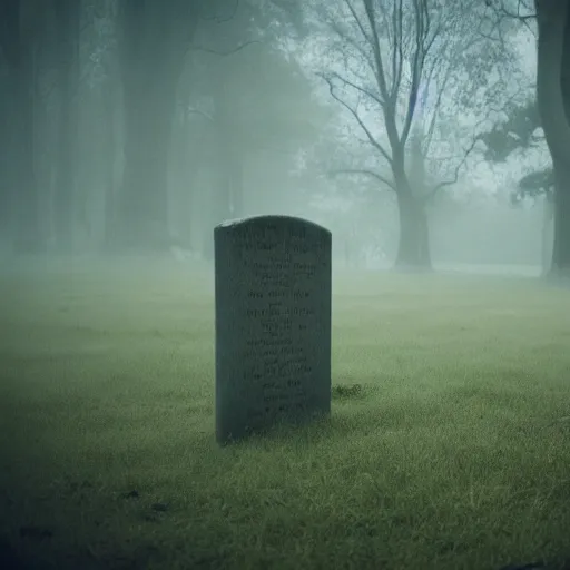 Prompt: haunted tombstone alone in a foggy graveyard, realistic, cinematic,