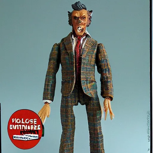 Image similar to plastic wolfman action figure with faded green face dressed in a plaid suit. 1 9 7 9 vintage