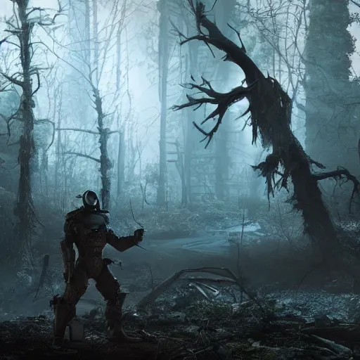 Image similar to Frank Horrigan stands against the background of a radioactive forest, graphics, fallout 4 render, 3d computer render, maximum details, rain, night, spotlight,