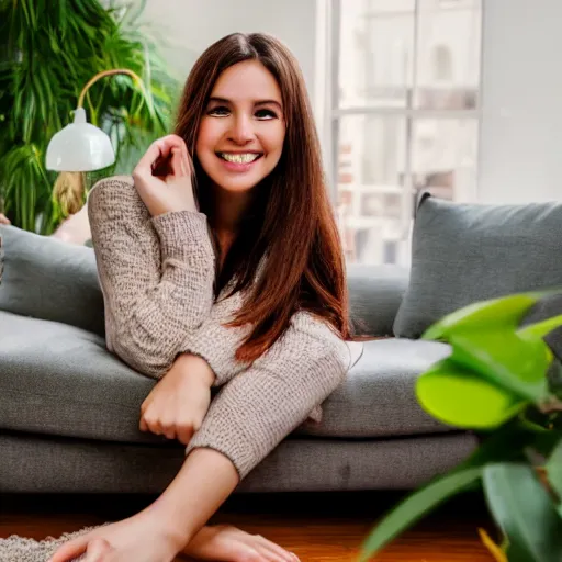 Image similar to a cute young woman smiling, long shiny bronze brown hair, full round face, green eyes, medium skin tone, light cute freckles, smiling softly, wearing casual clothing, relaxing on a modern couch, interior lighting, cozy living room background, medium shot, mid-shot, soft focus