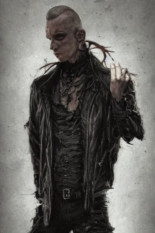 Image similar to an ugly young man, shaved head, gothic, tattered leather coat, intricate, elegant, dramatic lighting, highly detailed, lifelike, photorealistic, digital painting, artstation, illustration, concept art, smooth, sharp focus, art by John Collier and Albert Aublet and Krenz Cushart and Artem Demura and Alphonse Mucha