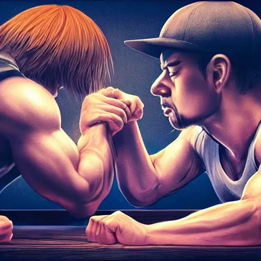 Image similar to two shady looking guys arm wrestling , made by Stanley Artgerm Lau, WLOP, Rossdraws, ArtStation, CGSociety, concept art, cgsociety, octane render, trending on artstation, artstationHD, artstationHQ, unreal engine, 4k, 8k,