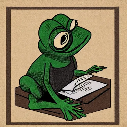 Image similar to pepe the frog doing taxes, realistic old photograph