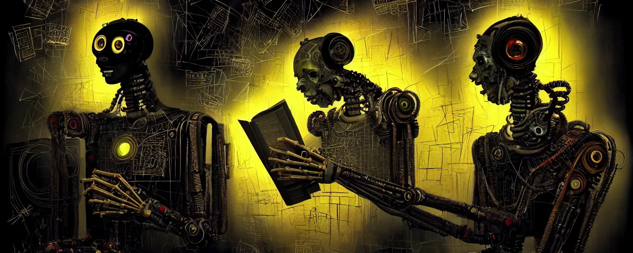 Image similar to dark scifi illustration 3 / 4 portrait of a robot reading necronomicon. cinematic lighting mad scientist style. golden ratio accidental renaissance. in the style of dave mckean and jean michel basquiat. graffiti art, scifi, fantasy, hyper detailed. octane render. concept art. trending on artstation