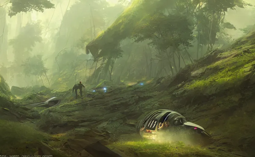 Image similar to a futuristic spaceship crash-landed in a forest, atmospheric lighting, crash, overgrowth. By Makoto Shinkai, Stanley Artgerm Lau, WLOP, Rossdraws, James Jean, Andrei Riabovitchev, Marc Simonetti, krenz cushart, Sakimichan, trending on ArtStation, digital art.