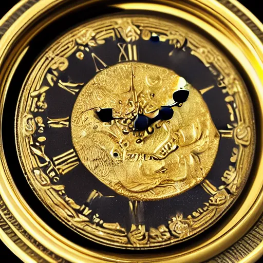 Image similar to a gold coin with a clock face printed on it, complex, high detail, close up