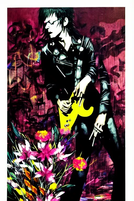 Image similar to the velvet underground and nico playing live on stage at a night club, beautiful stage decoration with flowers in the background, painting by yoji shinkawa, very detailed and colorful and toned down and ornamental and moody and cool and relaxed and high on drugs, trending on artstation, behance contest winner