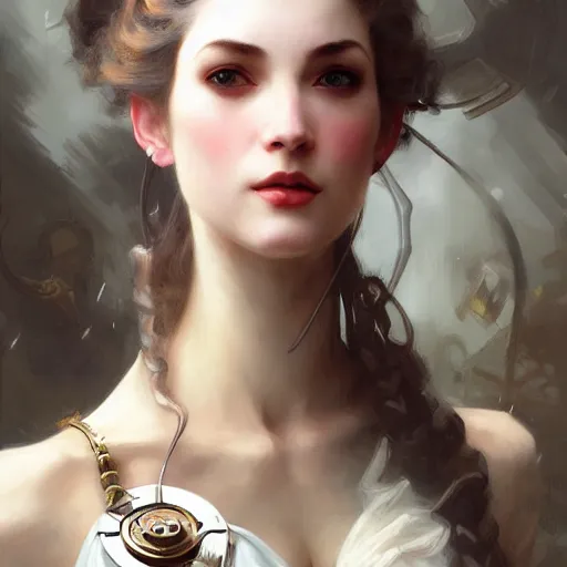 Prompt: character concept portrait of a steampunk woman with pale ski, intricate, elegant, digital painting, concept art, smooth, sharp focus, illustration, by ruan jia and mandy jurgens and william - adolphe bouguereau, artgerm,