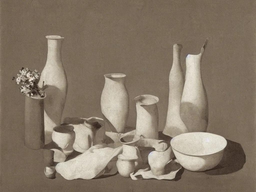 Prompt: Still life with white vase, ceramic pot, dried flower, woman washing her feet. Painting by Zurbaran, Karl Blossfeldt, Morandi