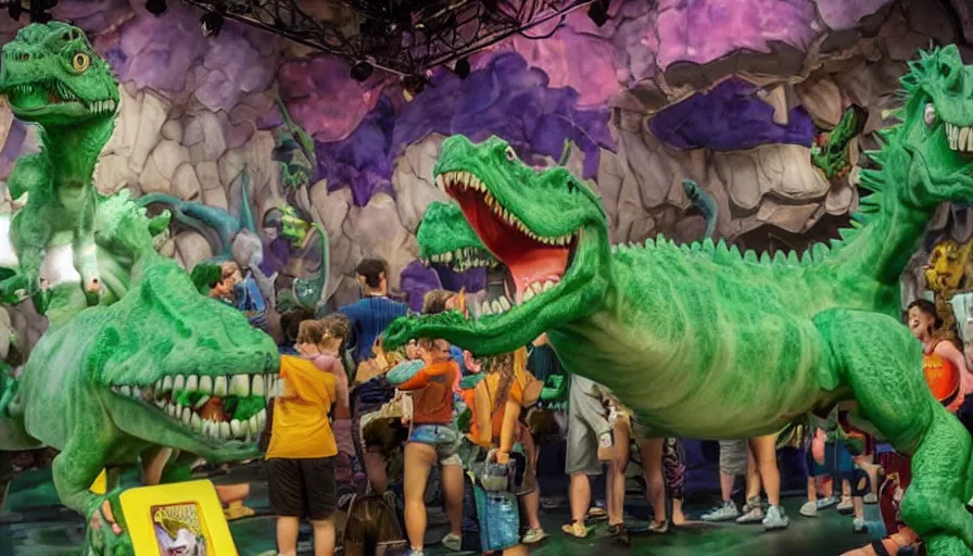 Prompt: 1990s photo of inside the Rugrats Battle Reptar show ride at Universal Studios in Orlando, Florida, children riding in baby walkers battling Reptar a giant animatronic dinosaur, cinematic, UHD