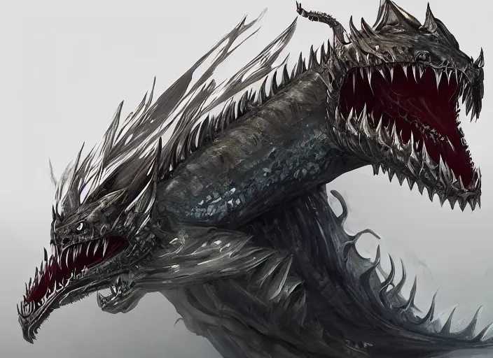 Prompt: detailed concept art of a giant dragon fish character with large teeth by richard anderson and luolin, artstation, artstationhd