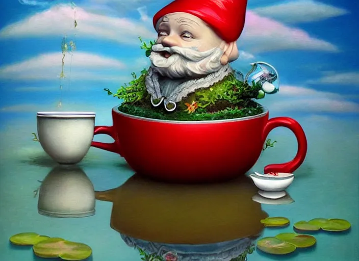 Image similar to a garden gnome sailing in a teacup, whimsical background of a reflective pond on a sunny day with dramatic clouds, an ultrafine detailed painting by mark ryden, trending on deviantart, pop surrealism, whimsical, lowbrow, joyous