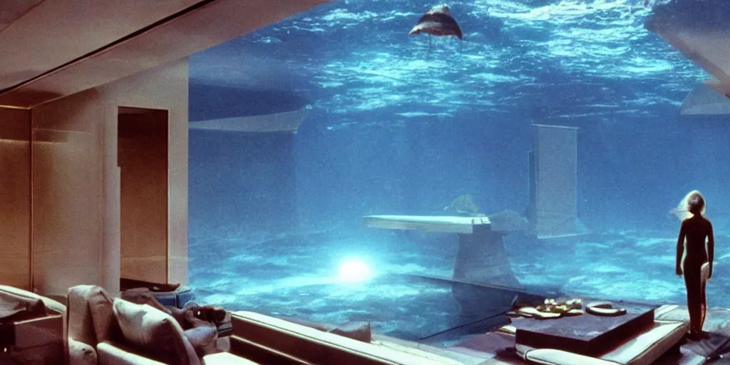 Image similar to an underwater luxury apartment with large windows, 1 9 8 0 s science fiction, windows overlooking a lush ocean jellyfish coralle landscape, sci - fi film still, screenshot from a science fiction movie, ridley scott,