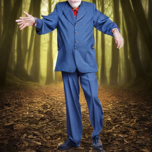 Image similar to full length beautiful jimmy savile, forest style studio shot, professional photographer, many details, super realistic, high quality, 8 k