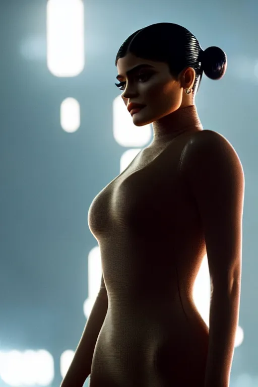 Prompt: Live Action Still of kylie jenner in the movie bladerunner 2049, real life, hyperrealistic, ultra realistic, realistic, highly detailed, epic, HD quality, 8k resolution, full-shot, film still