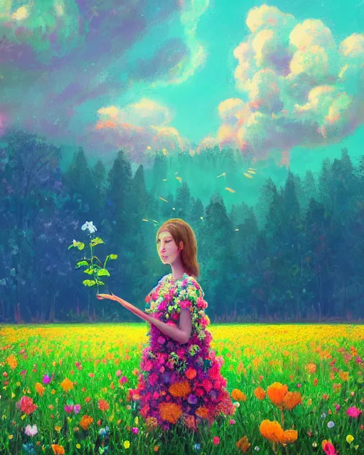 Image similar to girl with giant flower as a face and flower dress, standing in a flower field hills, big trees, sunrise dramatic light, impressionist painting, colorful clouds, digital painting, pointillism, artstation, simon stalenhag