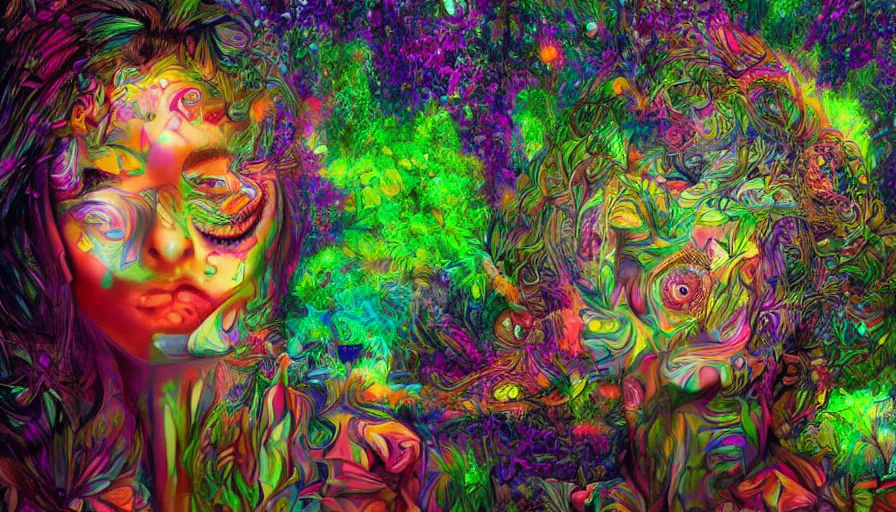 Prompt: landscape beautiful woman in psychodelic dmt lsd forest, photorealistic, artgerm, artwork by Arian, Mark