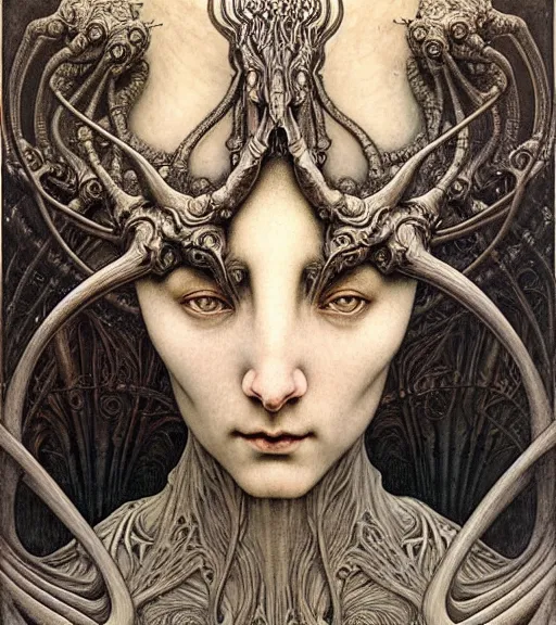 Image similar to detailed realistic beautiful young medieval alien robot grimez face portrait by jean delville, gustave dore and marco mazzoni, art nouveau, symbolist, visionary, gothic, pre - raphaelite. horizontal symmetry by zdzisław beksinski, iris van herpen, raymond swanland and alphonse mucha. highly detailed, hyper - real, beautiful, fractal baroque