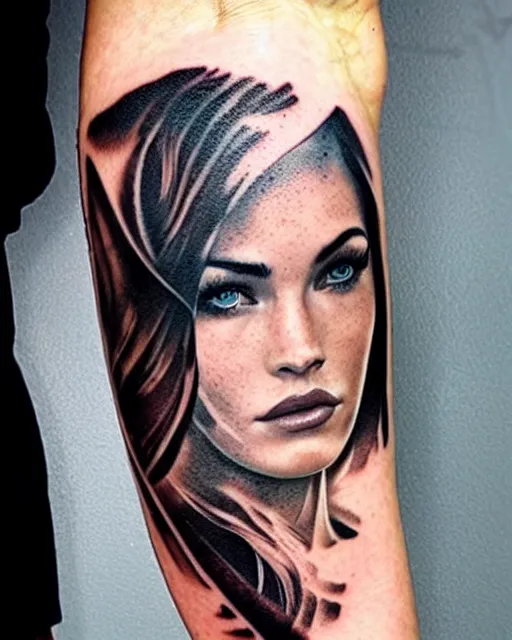 Image similar to creative double exposure effect tattoo design sketch of megan fox faded with beautiful mountain scenery, realism tattoo, in the style of matteo pasqualin, amazing detail, sharp