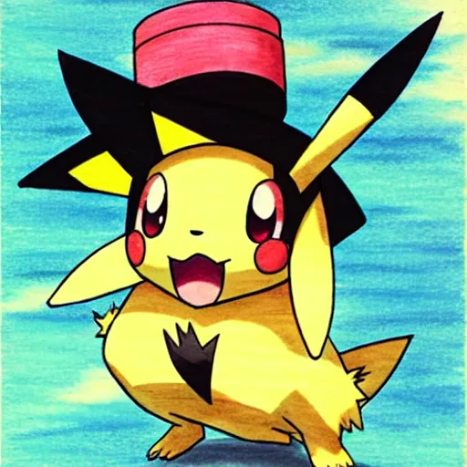 Image similar to Pichu Pokemon anime wearing a straw hat by Ken Sugimori, ink on paper, show-accurate