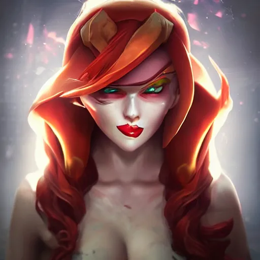 Prompt: miss fortune league of legends, horrifying, angry, evil, realistic, full face portrait