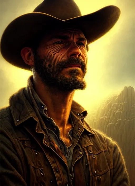 Image similar to closeup portrait shot of a cowboy in a scenic dystopian environment, intricate, elegant, highly detailed, centered, digital painting, artstation, backlit, concept art, smooth, sharp focus, illustration, artgerm, tomasz alen kopera, peter mohrbacher, donato giancola, joseph christian leyendecker, wlop, boris vallejo