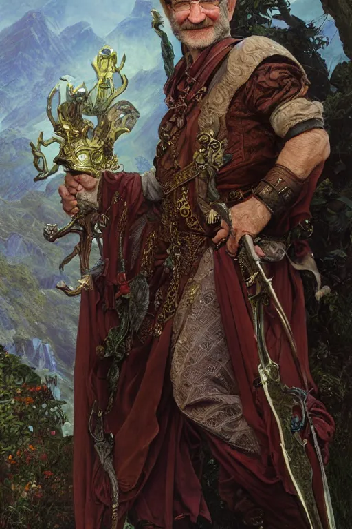 Image similar to an ultradetailed full body portrait of robin williams dressed as sheogorath, d & d, fantasy, intricate, elegant, highly detailed, digital painting, matte, sharp focus, illustration, art by john collier and albert aublet and krenz cushart and artem demura and alphonse mucha