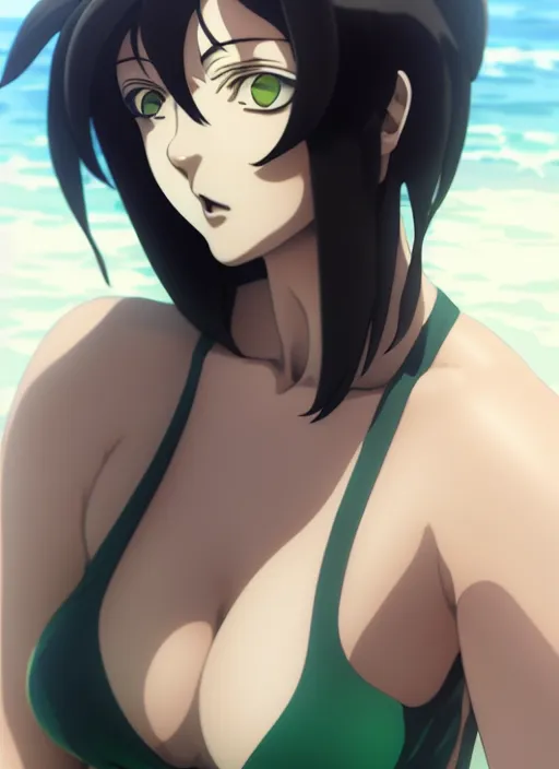 Image similar to film still portrait of fubuki from one punch man, wearing two - piece swimsuit, closeup at the faces, ilya kuvshinov, finely detailed feature, anime, deroo, pixiv top monthly, trending on artstation, cinematic, danbooru, zerochan art, kyoto animation