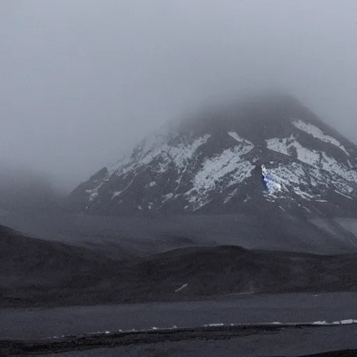 Image similar to a large mountain in the artic with a large eldritch monster peeking its head from around the mountain. grainy, snowing, overcast sky, slight fog.