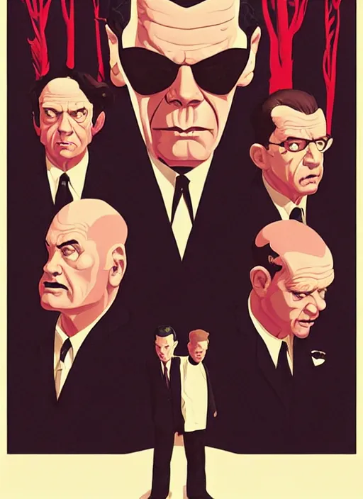 Image similar to poster artwork by Michael Whelan and Tomer Hanuka, of the Men in Black, from scene from Twin Peaks, clean