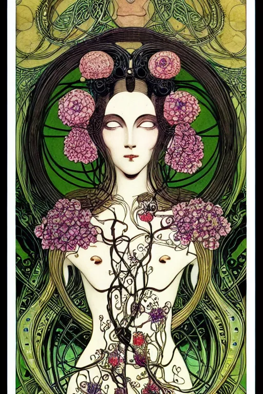 Image similar to centered detailed front view portrait of a beautiful female android with ornate flowers growing around, inside a vine frame ornamentation, flowers, elegant, dark and gothic, full frame, art by kay nielsen and walter crane, illustration style, watercolor