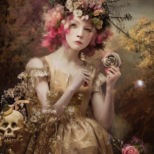 Prompt: 8k, octane render, realism, tonalism, renaissance, rococo, baroque, group of creepy young ladies wearing long harajuku manga dress with flowers and skulls, background chaotic flowers, gold leaf accents