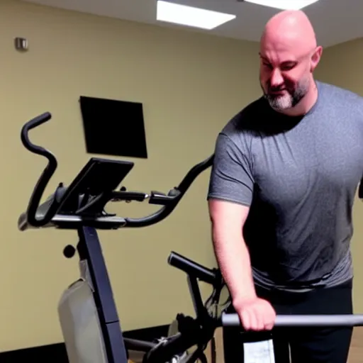 Image similar to chonky bald head with a grey closely shaven beard ethan van sciver working out vigorously on his peloton exercise bike