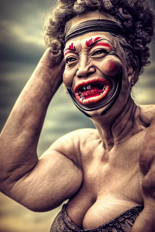 Image similar to real life big mom, pulitzer award, captured by nikon d 8 5 0, 4 k, body features, face features, bokeh, anatomy features, object features, dynamic lighting, by artgerm and daniel berehulak and adnan abidi and preston gannaway