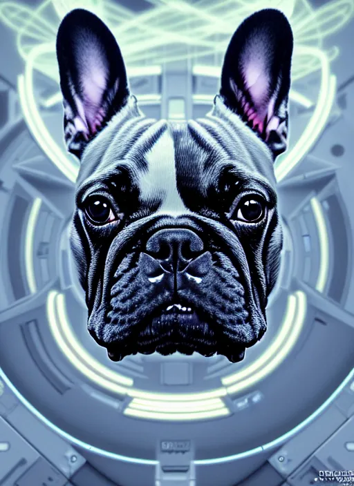 Prompt: ! dream symmetry!! portrait of a french bulldog, sci - fi, tech wear, glowing lights!! intricate, elegant, highly detailed, digital painting, artstation, concept art, smooth, sharp focus, illustration, art by artgerm and greg rutkowski and alphonse mucha