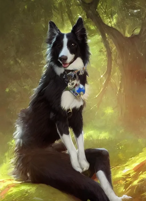 Image similar to beautiful portrait of a cute male anthropomorphic border collie fursona wearing a suit in a sunny glade. by charlie bowater, henry asencio, jon foster, and ross tran. scenic background, detailed, concept art, furry, detailed hands, glamor pose, aesthetic, trending on artstation, top rated on furaffinity and deviantart