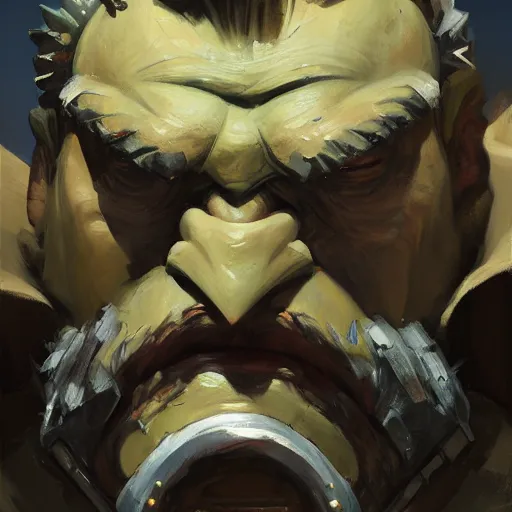Image similar to greg manchess close - up portrait painting of a ruggedly handsome old dieselpunk orc general with olive green skin as an overwatch character sitting in his office, organic painting, sunny day, matte painting, bold shapes, hard edges, street art, trending on artstation, by huang guangjian and gil elvgren and sachin teng