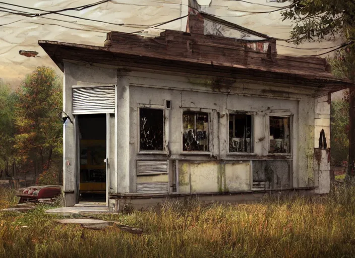 Prompt: exterior of an abandoned american diner, taken over by nature, gothic style, hyperrealistic and beautiful painting, 8 k resolution, by hugh ferris and john smith, polished, fine detail, intricate, smooth, octane, concept art, trending on artstation