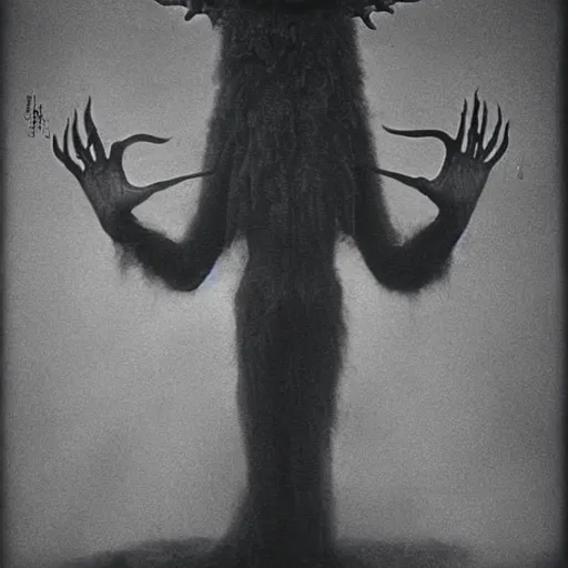 Prompt: vintage photography of realistic faceless beast-god with many long arms, a huge body covered with deep furs by Zdzisław Beksiński, odd eye, dark fantasy, abomination, blur, haze, fog, vignetting, platinum printing